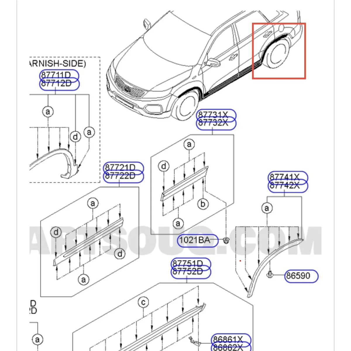 فلاپ (گارنیش) گلگیر عقب راست سورنتور XM (2009-2014) برند GENUINE شماره فنی 87742-2P000 - تصویر 3